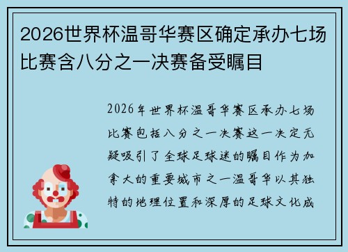 2026世界杯温哥华赛区确定承办七场比赛含八分之一决赛备受瞩目